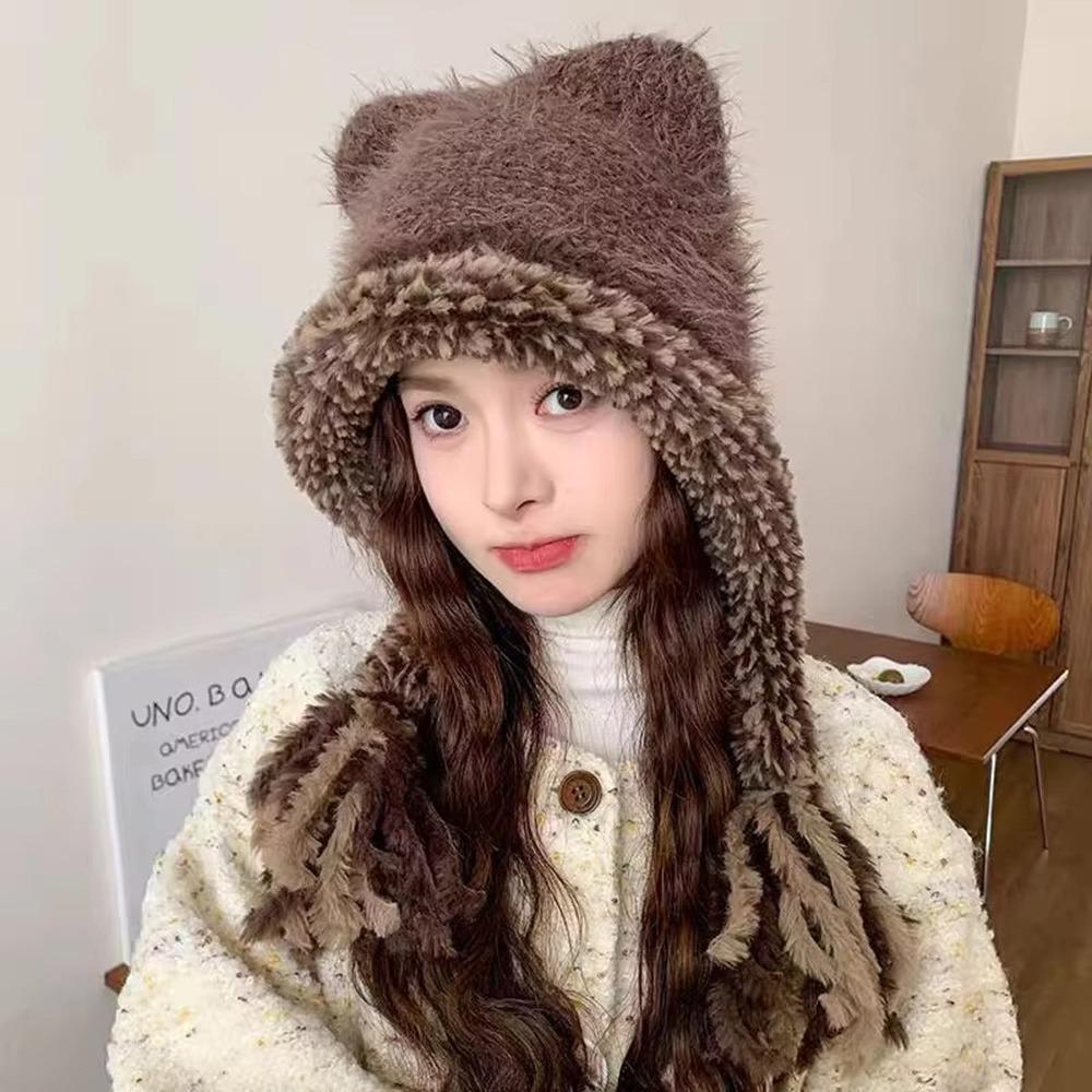 Cute Edge Winter Hat Ear Protection Warm Knitted Woolen Hat Windproof Thermal Beanie Cap Winter