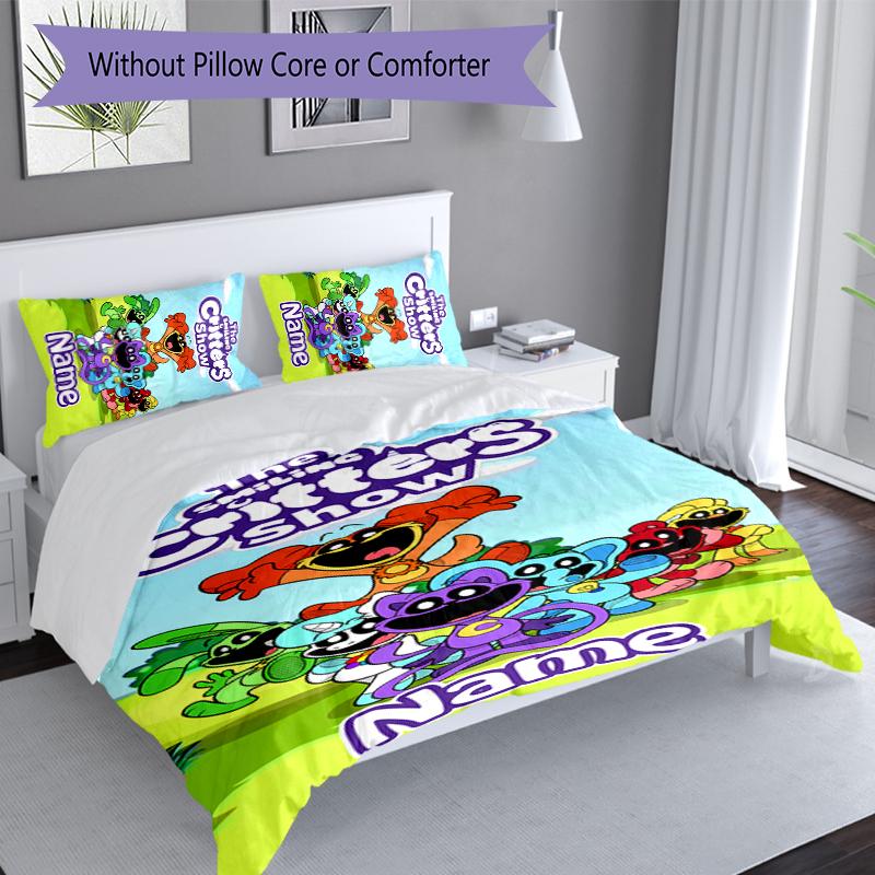 3pcs Custom Name Smiling Critters Bedding Set,Includes 1 Duvet Cover and 2 Pillowcases,All-season Bedroom Decor