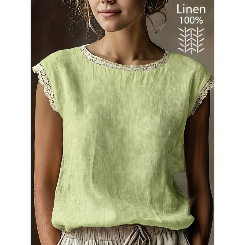 Womens Retro Loose Round Neck Solid Color Lace Splicing Sleeveless Linen Shirt