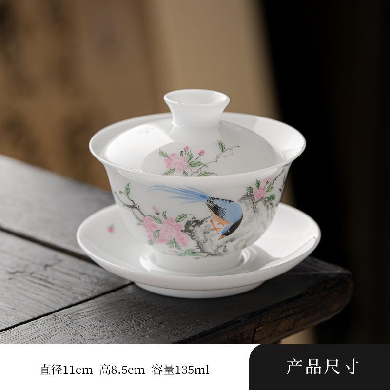 135ml butikový nefritový porcelán Gaiwan, ručně malovaná květinová a ptačí čajová mísa, kryt na čajový konvici, miska, kavárny, dárky
