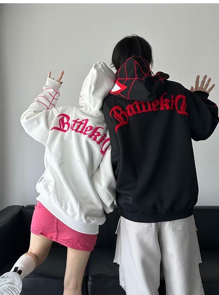 American Spider Embroidered Zip-Up Hoodie Men Women Oversize Hooded Sweatshirt Fall Couple Jacket