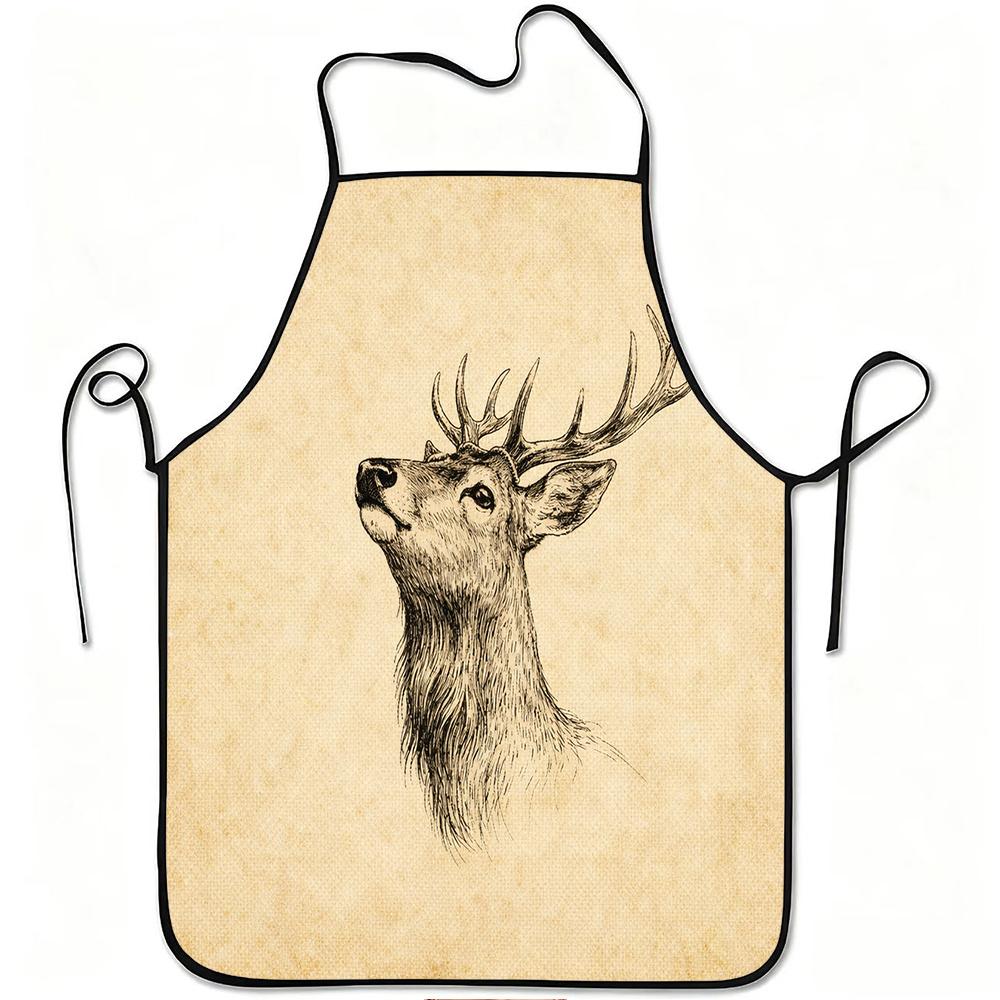 1pc Vintage Deer Head Apron Suitable for Cooking, Gardening & Rustic Decor - Adjustable Waistband, Durable Easy-Clean Polyester Apron with Deer Print
