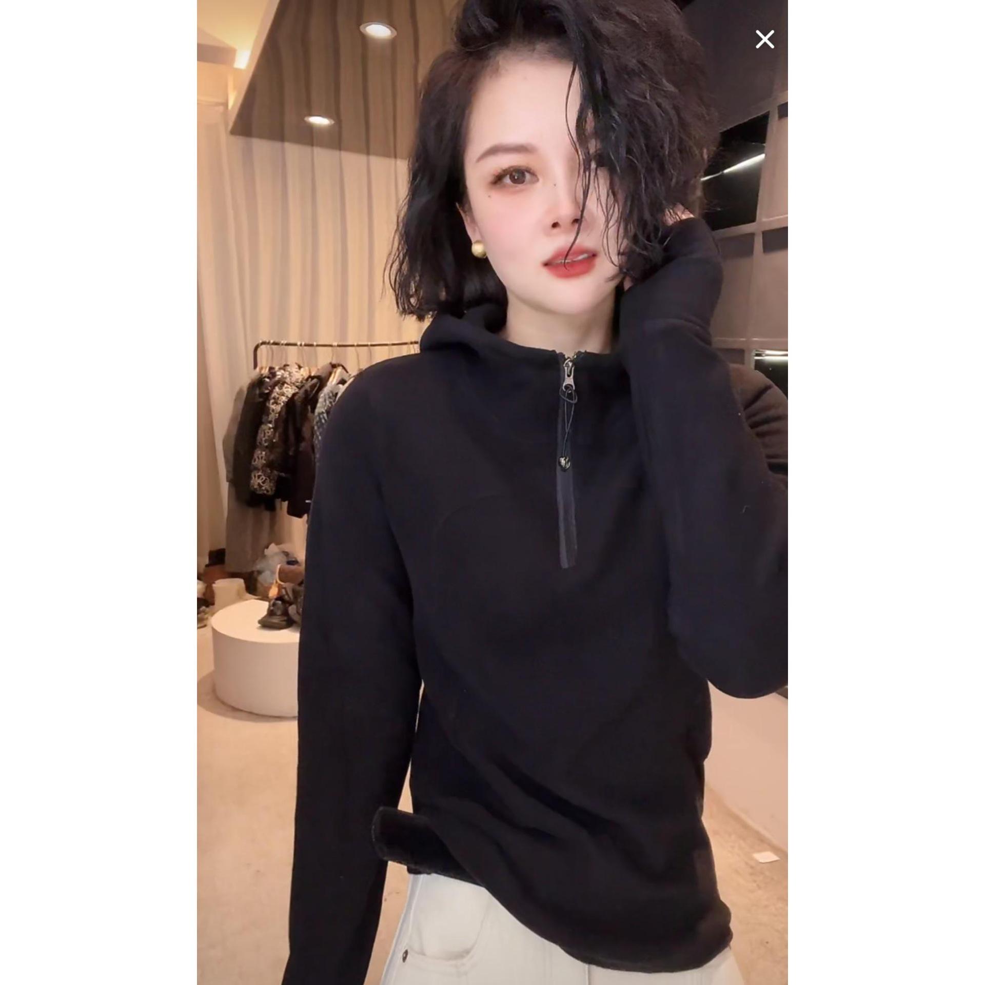 

Женское модное худи с половиной молнии, свободного кроя, стройнящее, для осени/зимы L чёрный