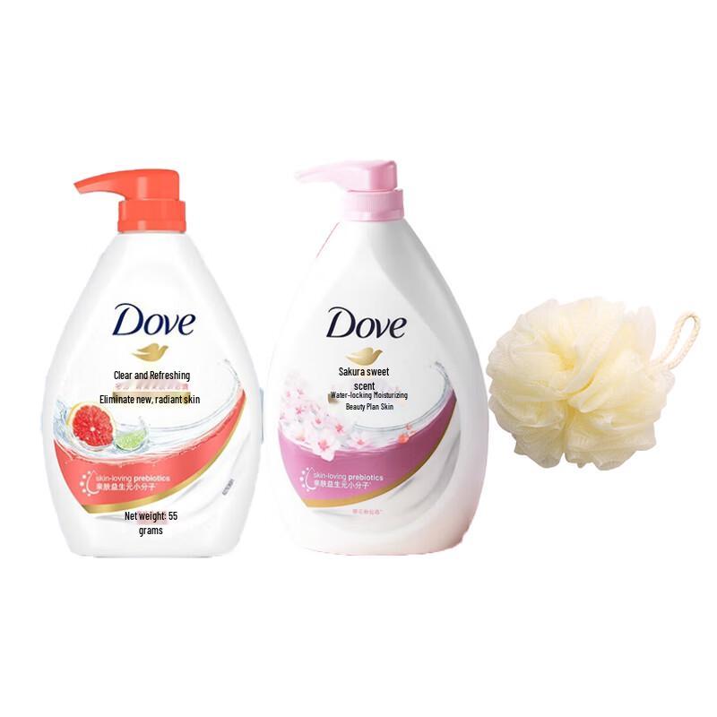 Dove Invigorating & Cherry Blossom Body Wash Twin Pack (2x550G) with Bath Ball