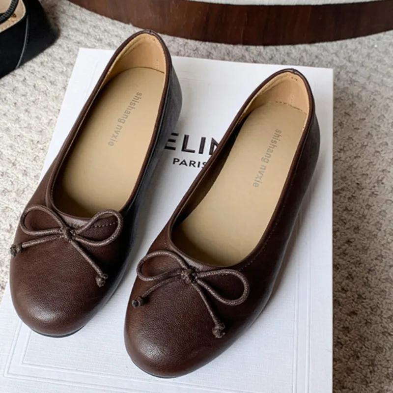 

Модные весенние новые туфли на плоской подошве женские с круглым носком, с мелким вырезом, с бантом-бабочкой, на мягкой подошве, противоскользящие, износостойкие, одинарные туфли 40