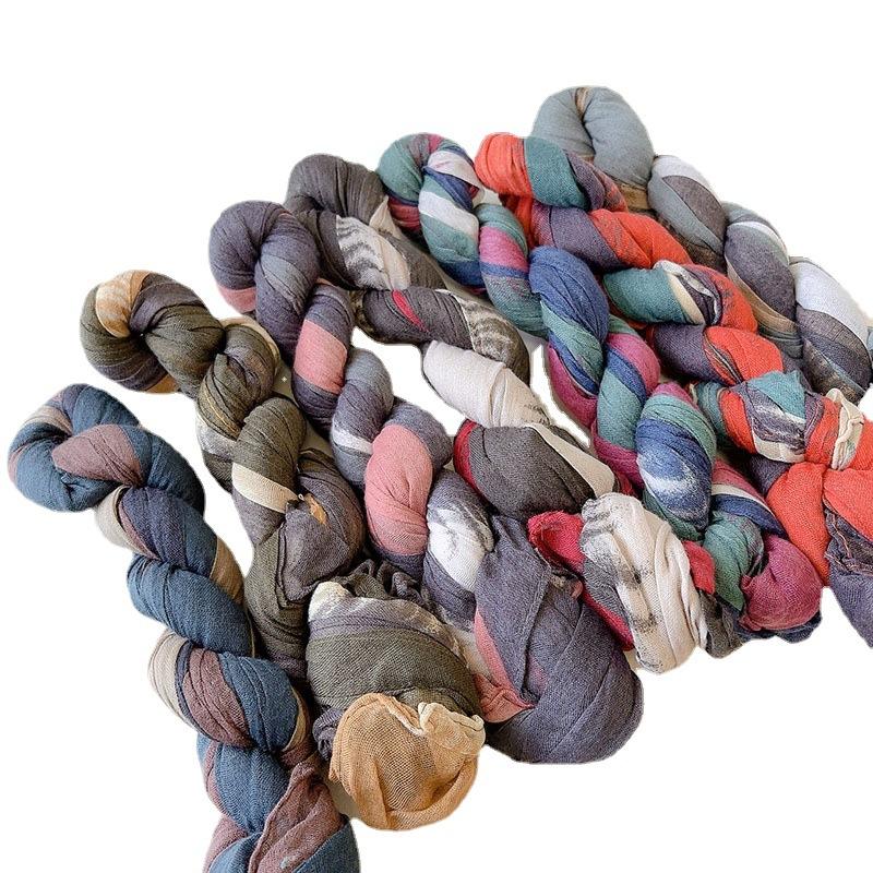 Retro Pleated Color Matching Scarf Soft Versatile Slender Silk Scarf Women'S Autumn And Winter Warm Neck Protection Scarf Shawl