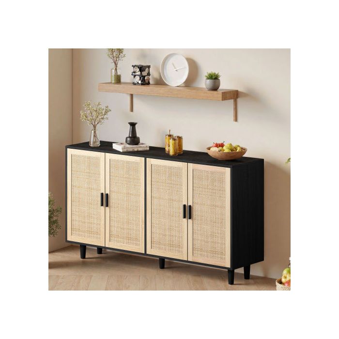 Meuble de rangement - MUVOE - 4 portes - Noir - Rotin - Étagère réglable