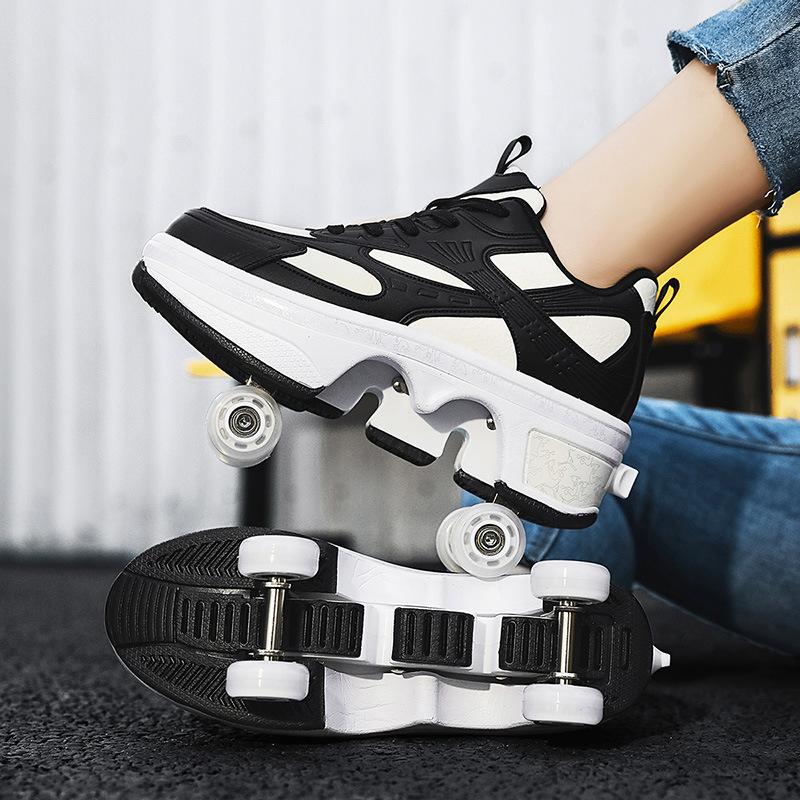 2025 new one-button shrink four-wheel pulley shoes with wheels teen speed skating skates flying runaway shoes men