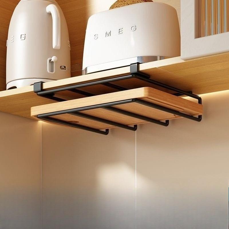 Kitchen Hanging Organizer Rack with Hooks Under Cupboard Paper Towel Rags Hanger Cutting Board Pot Cover Holder Storage Shelf