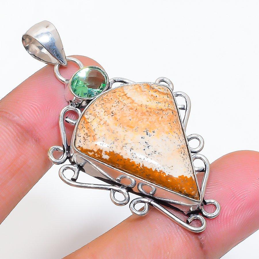 Natural Picture Jasper, Tsavorite 925 Sterling Silver Jewelry Pendant 2.05" ZS-73