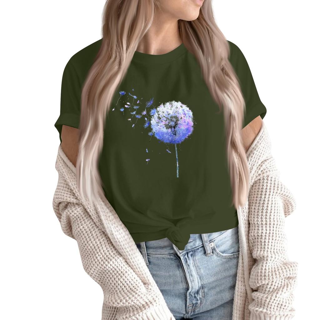 Women's Fashion Casual Printed Round Neck Short Sleeved Pullover T-Shirt Top