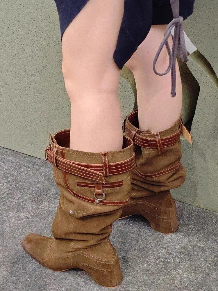 European and American velvet warm fluff pile western boots new retro big tube circumference knight boots