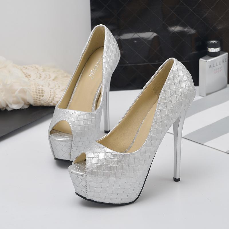 Spring and Autumn Fine Heel Super High Heel Waterproof Table Fish Mouth Women's Shoes Single Shoes Woven Plaid Women's Shoes