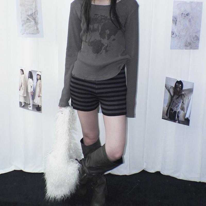 Leichte Asiatische Retro Patchwork Gestreifte Elastische Slim Fit Schlankmachende und Elastische Hochtaillierte Strickshorts für Damen