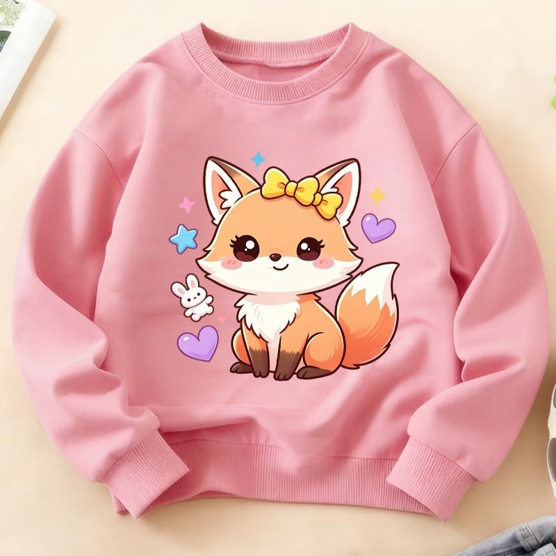 Kids Crewneck Long Sleeve Sweatshirt, Soft Cute Healing Bow Little Fox Print, Warm Comfortable Top