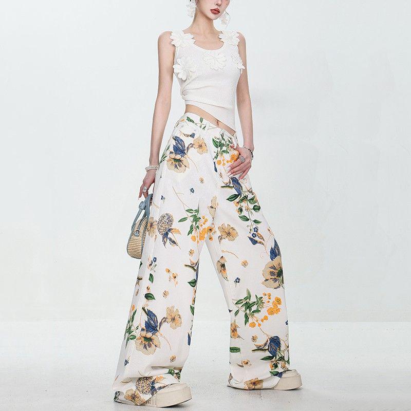 Amerikanischer Stil Vintage Sommer Damen Straight Jeans Druck Taschen Hohe Taille Mode Lässig Locker Weites Bein Loch Weiß Hosen