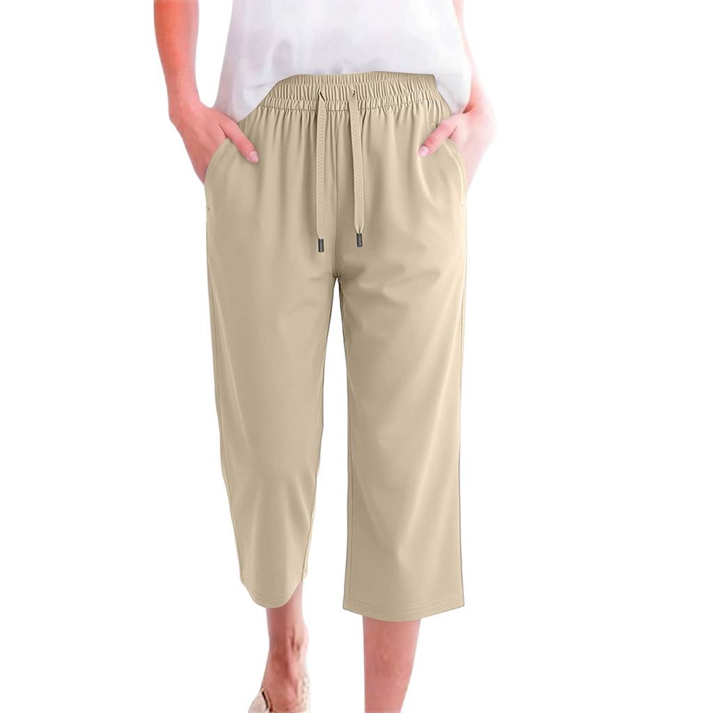 Women High Waist Wide Leg Cropped Pants with Drawstring Elastic Waistband Lightweight Breathable Quick Dry Casual Sports Trousers