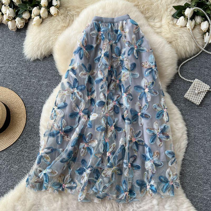 

French style Romantic Atmosphere Mesh Skirt Women s Summer Elastic Waist Three-Dimensional Flower A Word Beautiful Long Skirt Gray bottom blue flower All yards