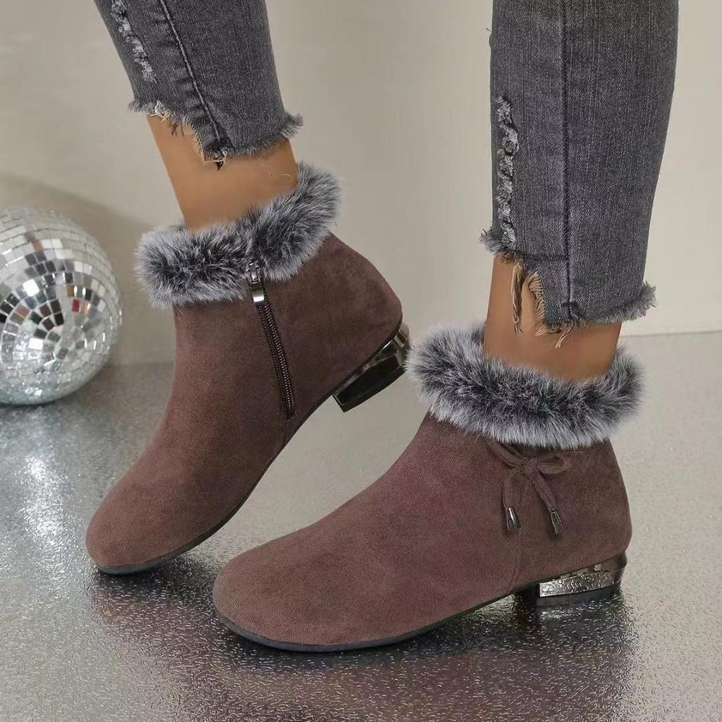 Women's Winter Warm Low Block Heels Snow Boots With Zipper Round Toe Walking Short Booties for Women Non-Slip Comfort Ankle Boots With Faux Fur Lined