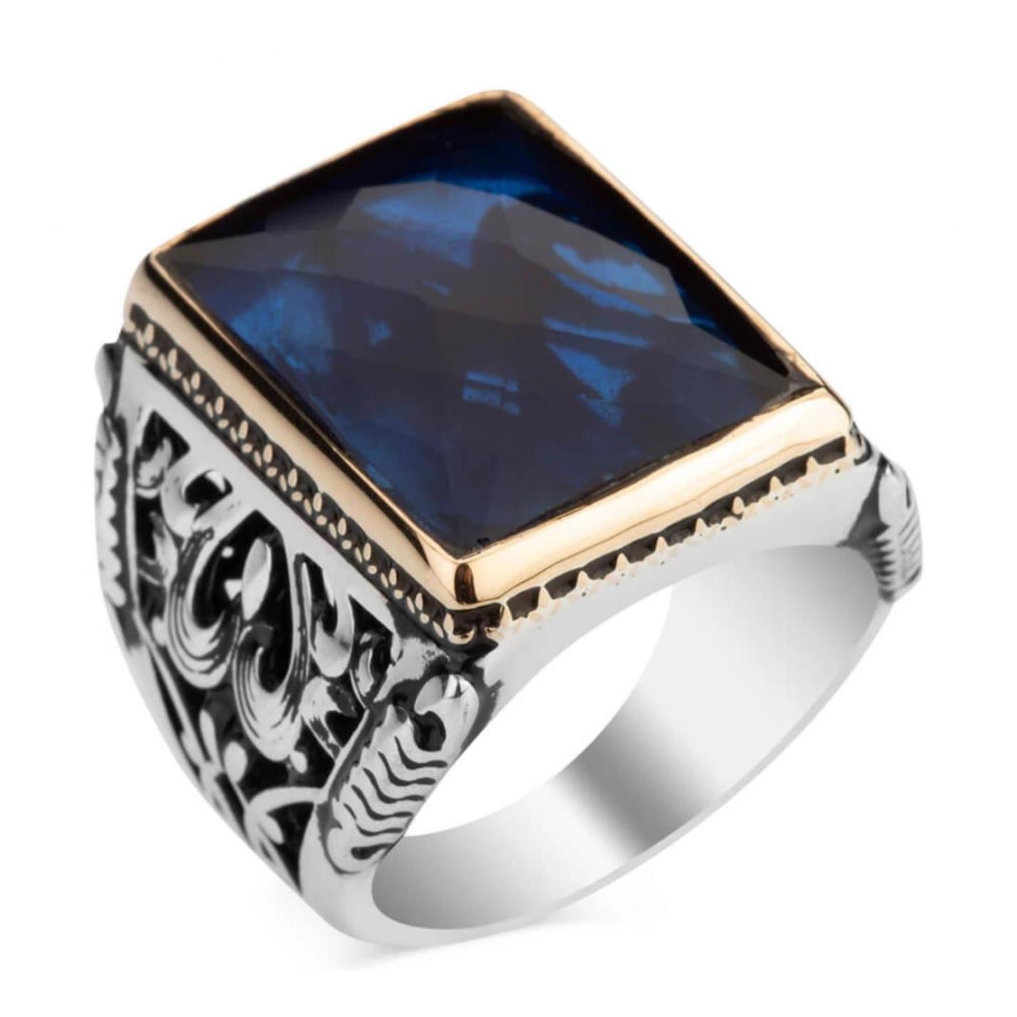 

Мужское кольцо большого размера из стерлингового серебра с голубым цирконием и камнем