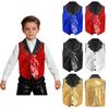 Kids Glitter Sequin Waistcoat Contrasting Lapel Sleeveless Asymmetrical Hem for Stage Dance Performance Tops Unisex