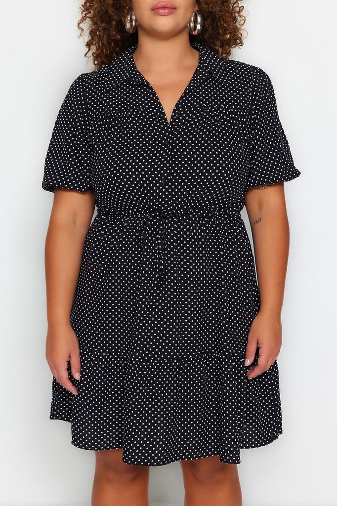 Women's Style Plus Size Black Polka Dot Woven Shirt Dress