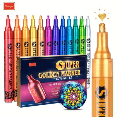 1 Set 12 Renk Akrilik Boya Kalemleri Parıltılı Metalik Sanat Simli Kalemler Scrapbook Malzemeleri İçin, Siyah Kağıt, Kaya Boyama, Seramik, Cam, Ahşap