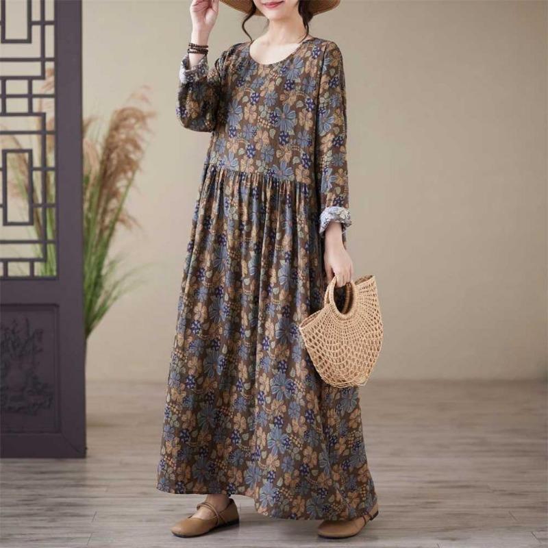Printed Round Neck Loose Plus Size Long Sleeve Plus Cover Up Dresses