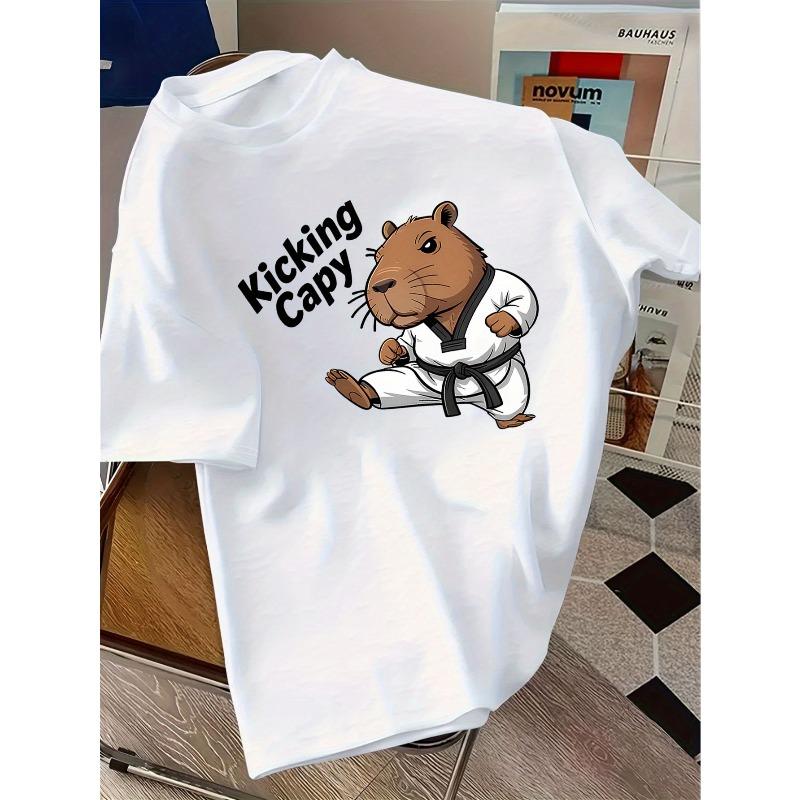 European Sizes Children Kabu Animal Karate T-Shirt - Cute Capybara Martial Arts Graphic Tee with "Kicking Capy" Text, Casual Summer Shirt for