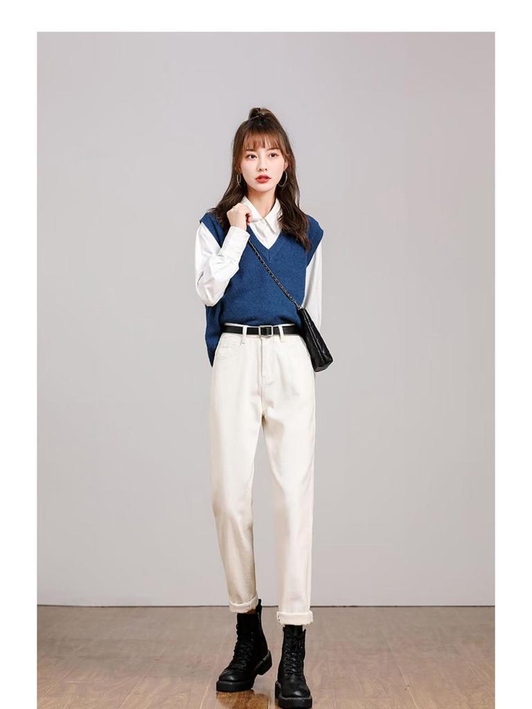 Women's Off-White High-Waisted Harem Jeans - 2024 Spring/Autumn, Elastic, Loose Fit, Slimming Casual Carrot Pants