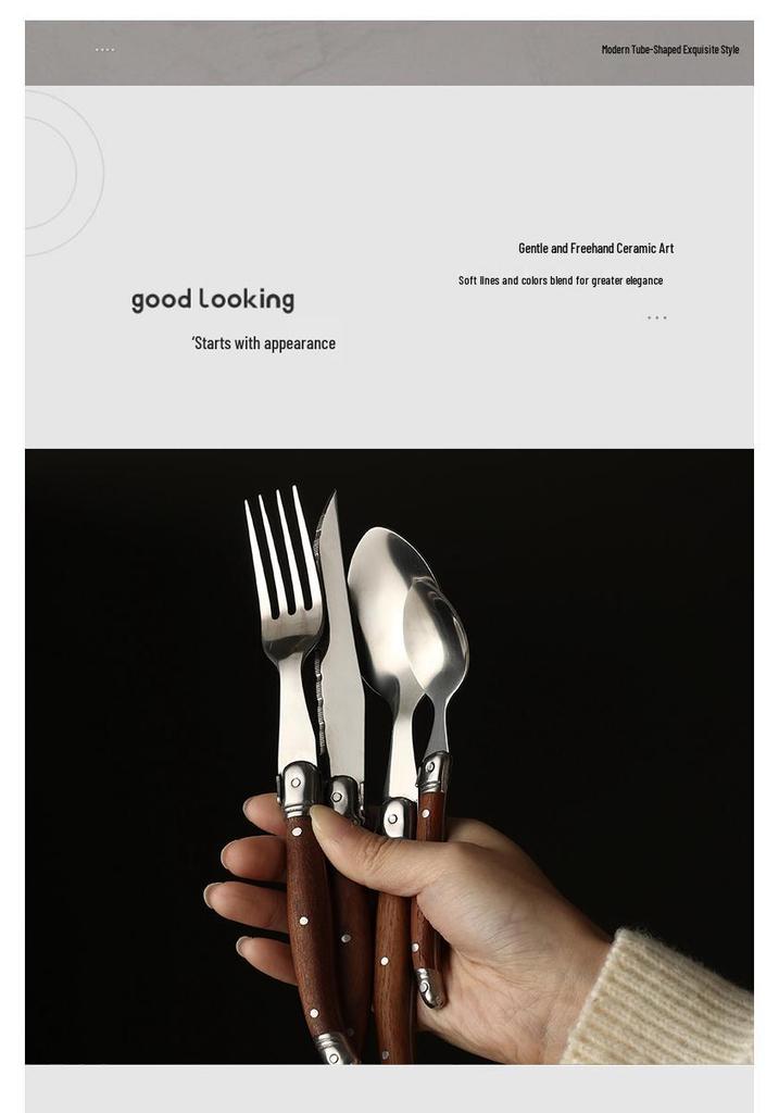 Western-Style Steak Knife and Fork Set with Retro High-End Wooden Handles.