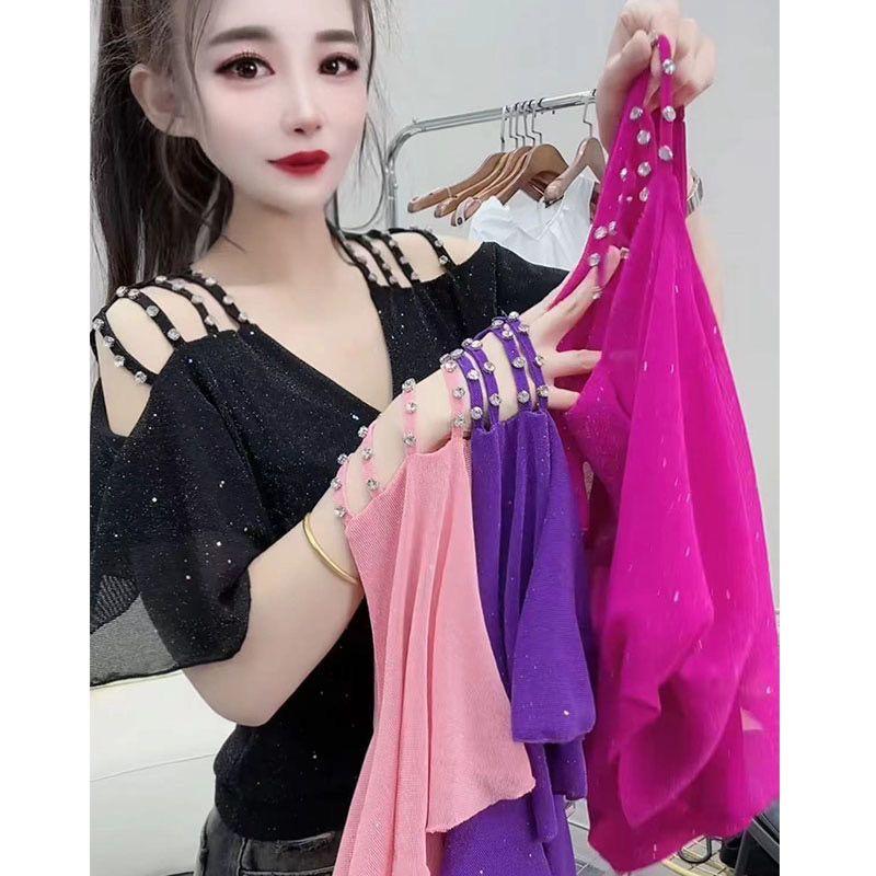 2025 Summer Slimming Stylish V-Neck Ruffle Off-the-Shoulder Beaded Mesh Short-Sleeve Women's Top