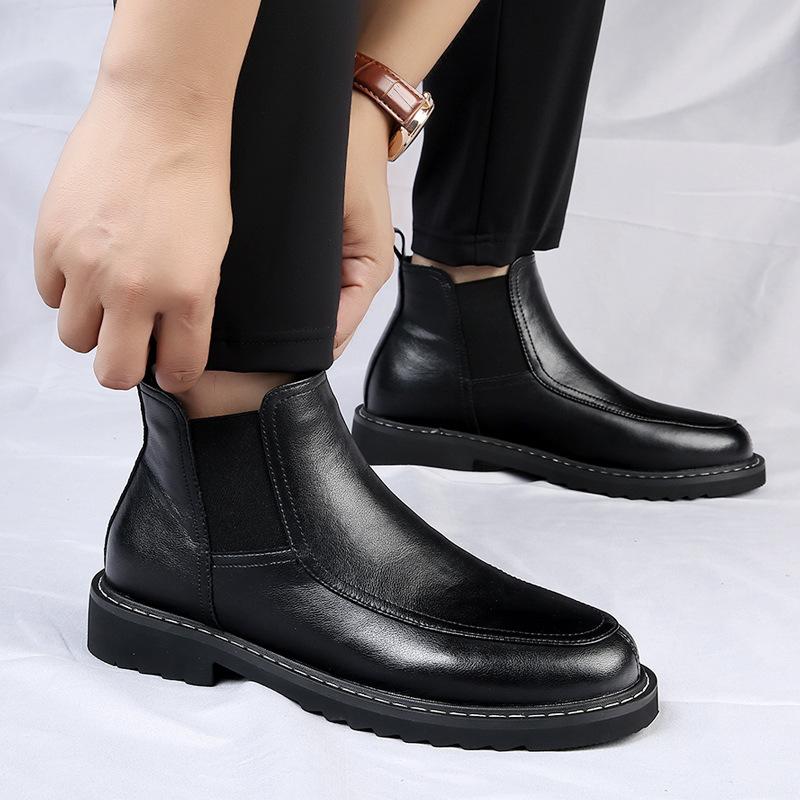 2024 Winter Shoes Men Chelsea Boots Genuine Leather Fashion Brand Mens Ankle Boots Warm Plush Flat Non-slip Black D229