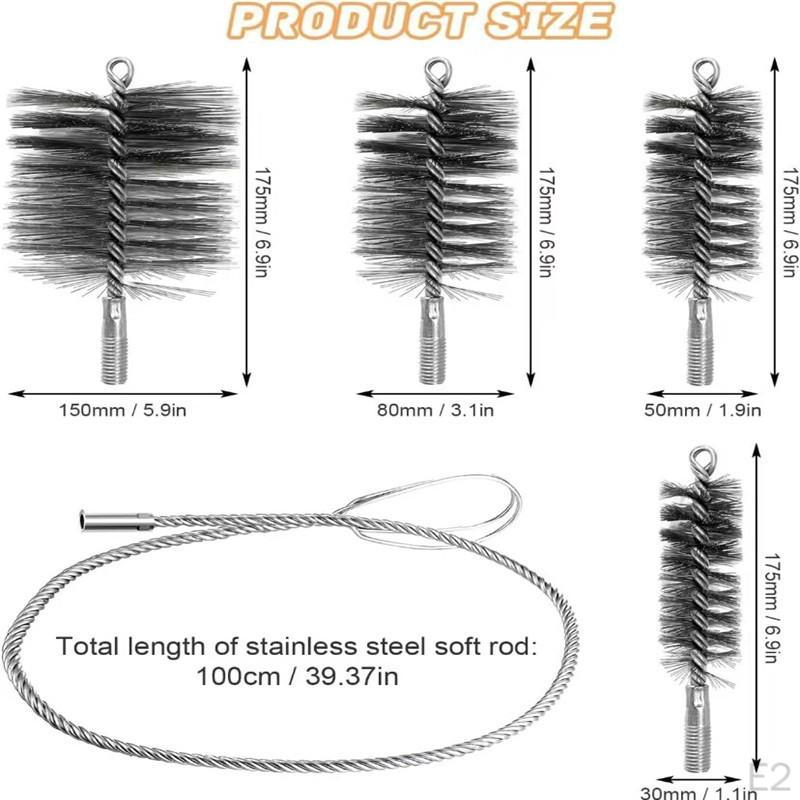 4x Chimney Sweep Brushes Wire Convenient Heavy Duty with Push Rod Pipe Cleaning for Chimneys