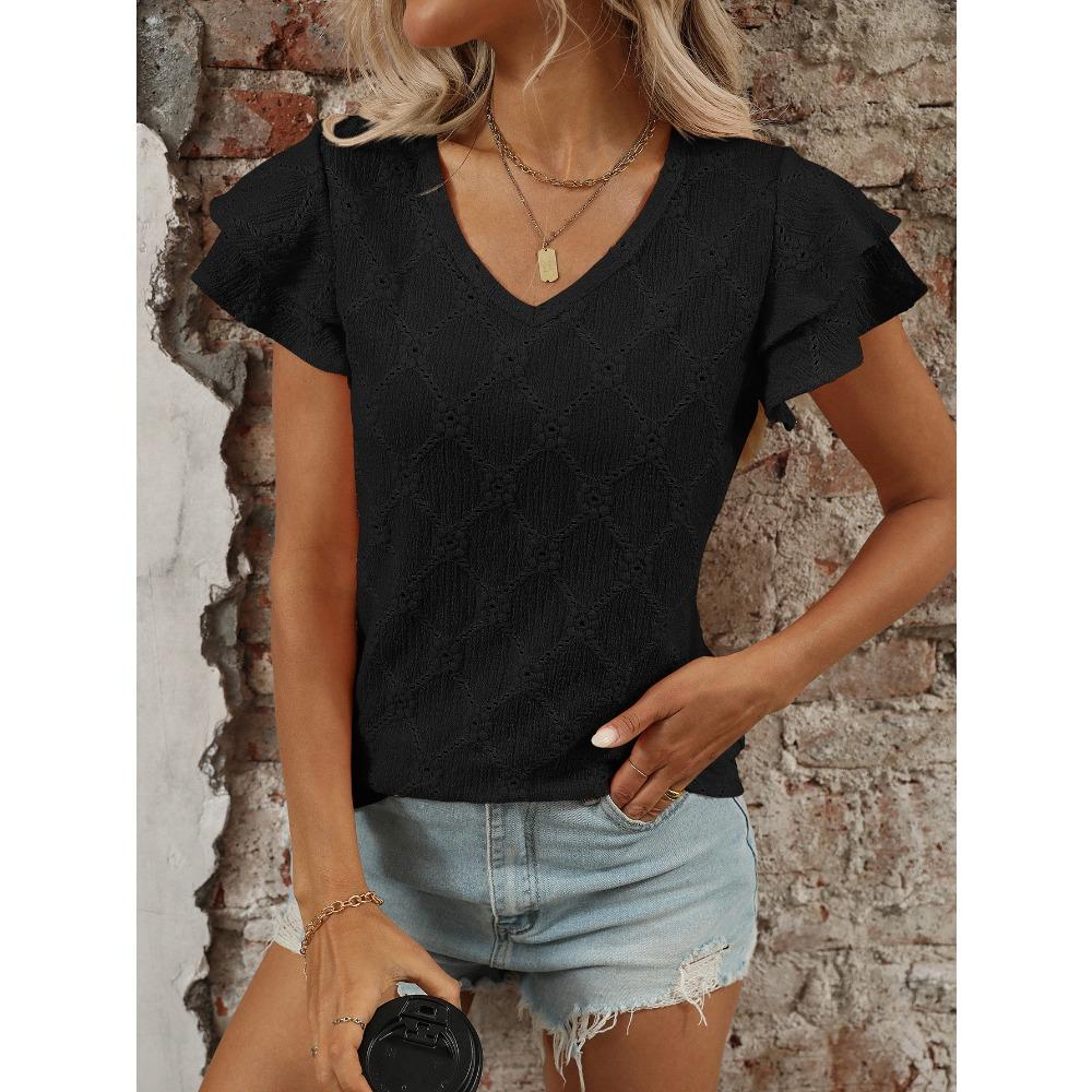 Frisches Sommer Damen Einfarbiges V-Ausschnitt Süßes Kurzarm T-Shirt Ausgehöhltes Top
