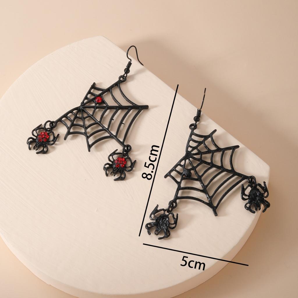 Exaggerated Halloween Spider Web Hook Earrings Punk Style Red Rhinestone Earrings New Trendy Jewelry For Women