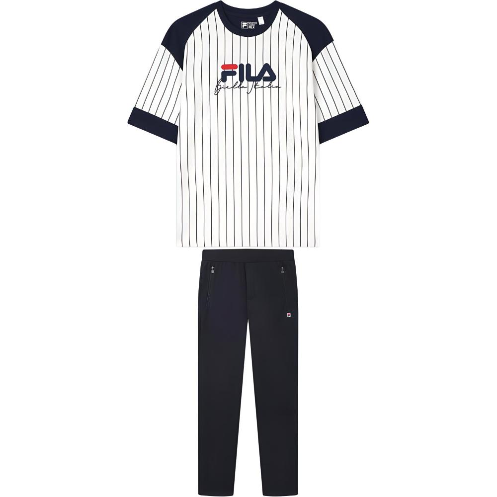 

Fila Модный спортивный костюм в полоску с цветными блоками, с коротким рукавом, средней посадки, длинные брюки, повседневный, мужской костюм F11M439111F-WT+F11M321605F-NV XL