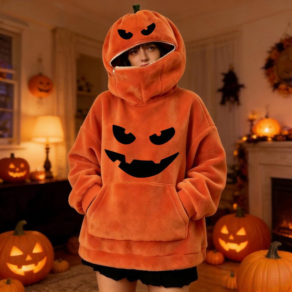 Pullover Hoodie mit Kürbisdruck für
