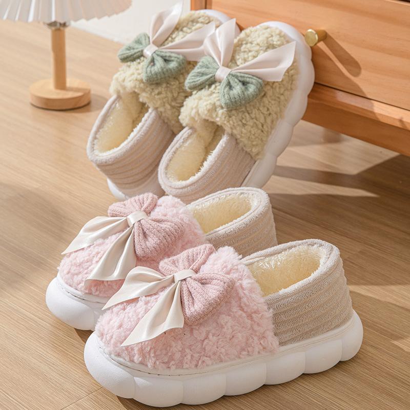 Bag Heel Cotton Slippers Women's Winter New Bow Cotton Drag Girl Velvet Warm Cotton Shoes Silent Wool Slippers