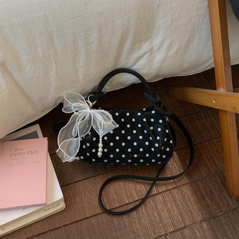 Korean Retro Polka Dot Handbag Pleated Stylish Pillow Bag Pearl Mesh Bow Charm Magnetic Closure Exquisite Compact Crossbody Bag