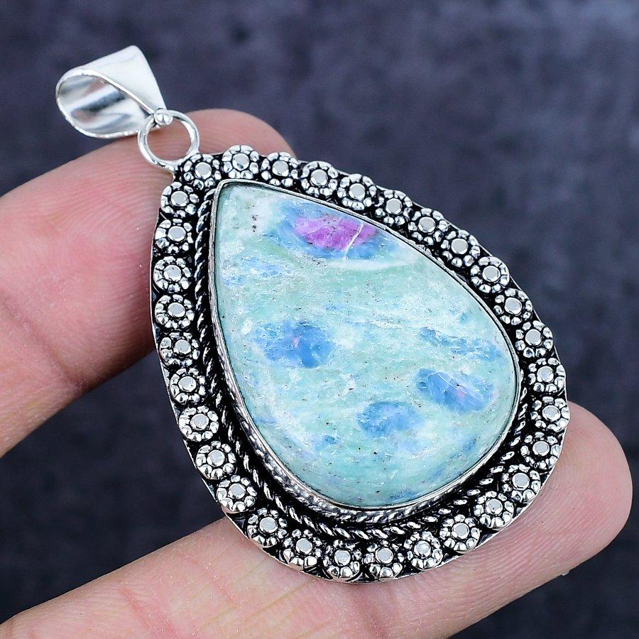 Natural Ruby Fuchsite Gemstone 925 Sterling Silver Jewelry Pendant 2.25" ETC-14194