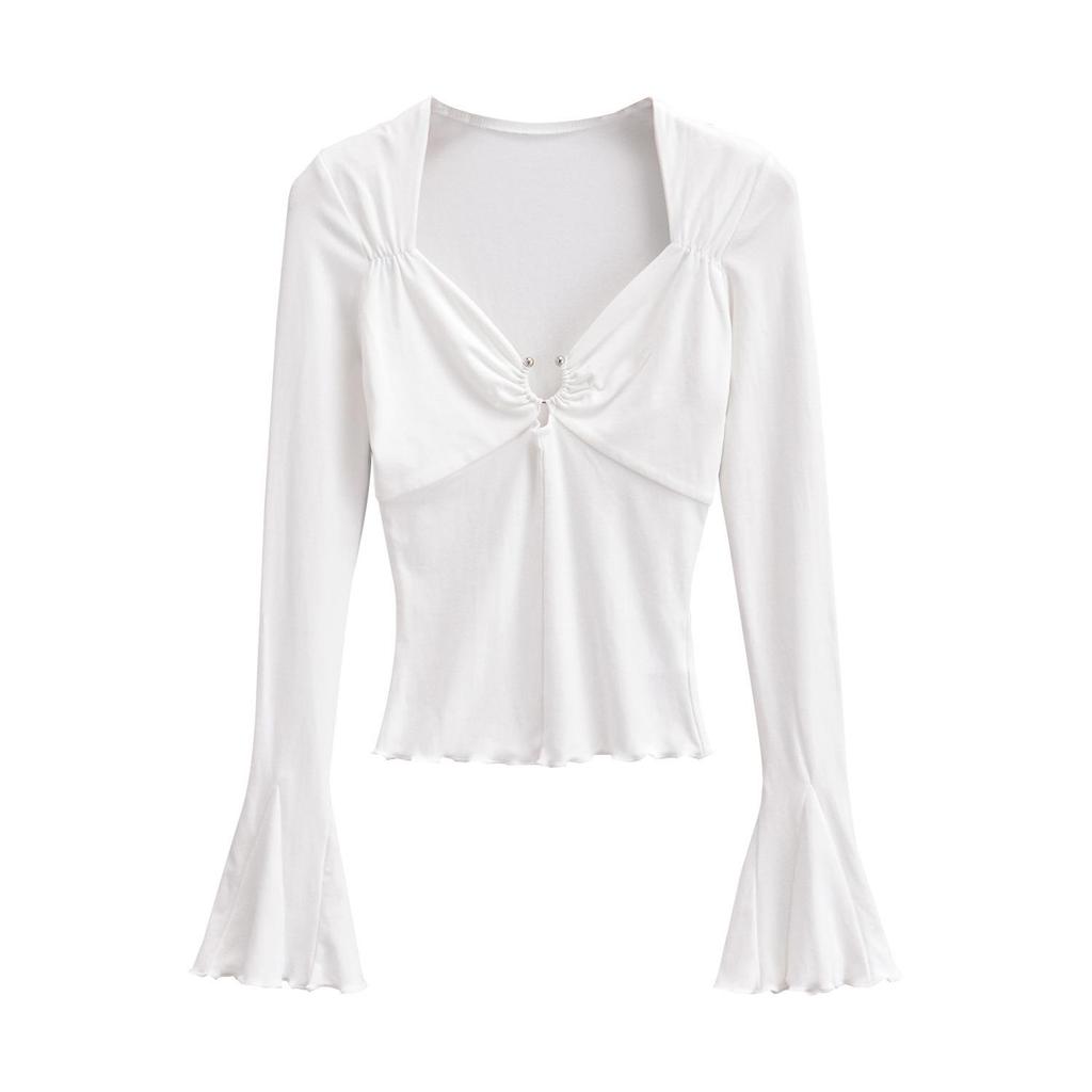 2023 Hot Girl Square Neck Metal Ring Hollow Long Sleeve Top - Sexy Clavicle Exposed Slim Fit Autumn Shirt with Flared Sleeves