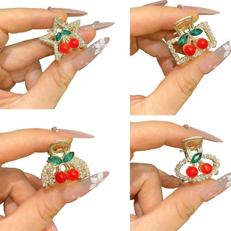 2Pcs Cherry Hairpin Small Side Claw Clip Sparkling Rhinestones Accent Zinc Hairpin For Women Girls Party Daily Use