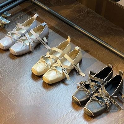 Schafsleder-Version~ Mary Jane Schuhe mit quadratischer Spitze und Schweinenase, Damen Ballerinas mit flachem Ausschnitt und Schleife aus Leder