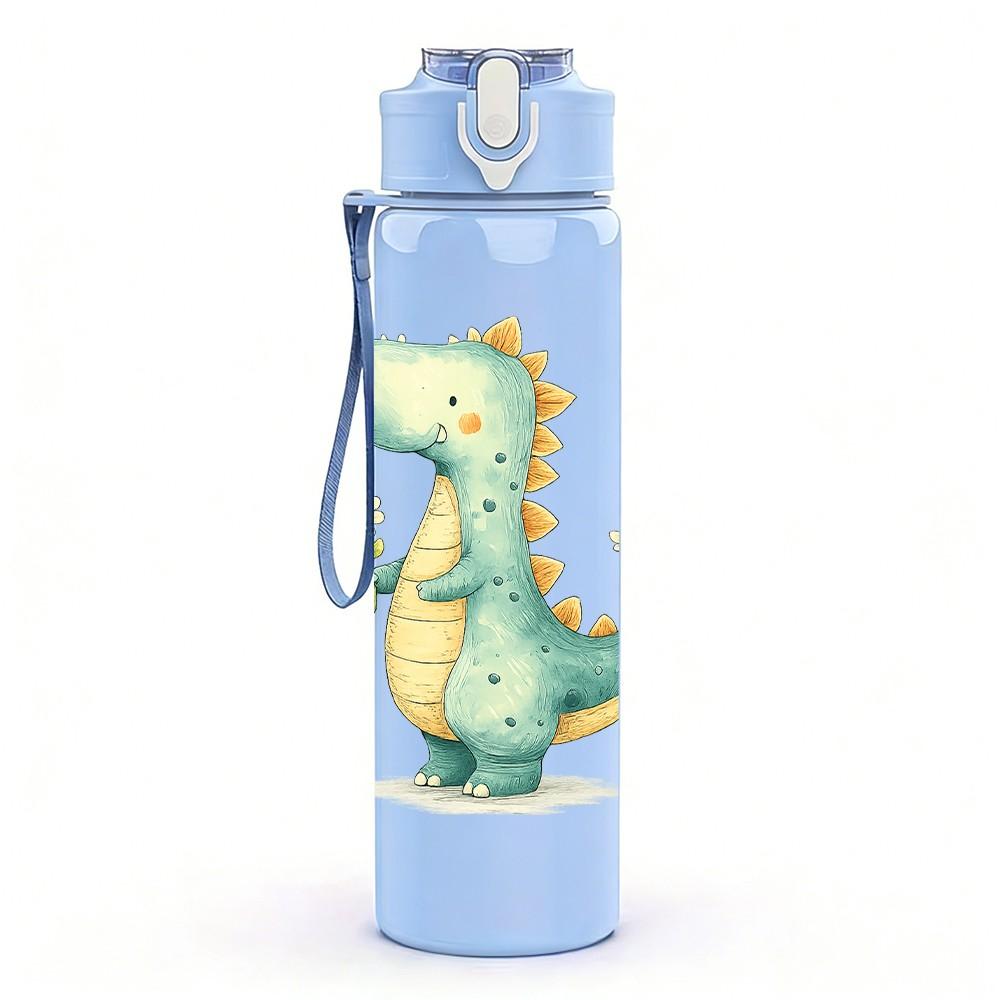 1PC Small Green Baby Dragon Cartoon Print 750ml Color Plastic Sports Water Bottle Leakproof Flip Straw Lid Suitable for Sports Office Home Use