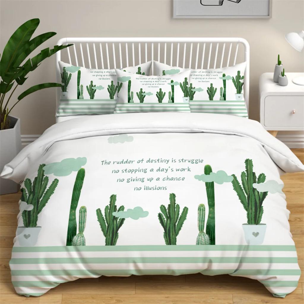 Cartoon Green Cactus Potted Duvet Cover Polyester Green Plant Cute Tropical Plant for Children Boy Girl for Bedroom Decorations