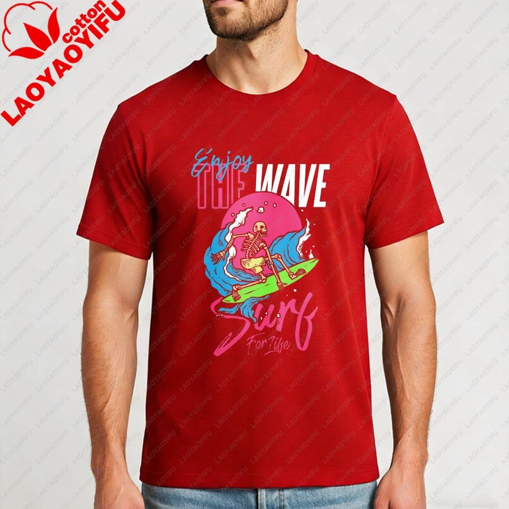 Surf Wave Vintage Streetwear Cartoon Skeleton Unisex Cotton TShirt Summer Surfing Enthusiast Clothing Harajuku Retro Style Tops S