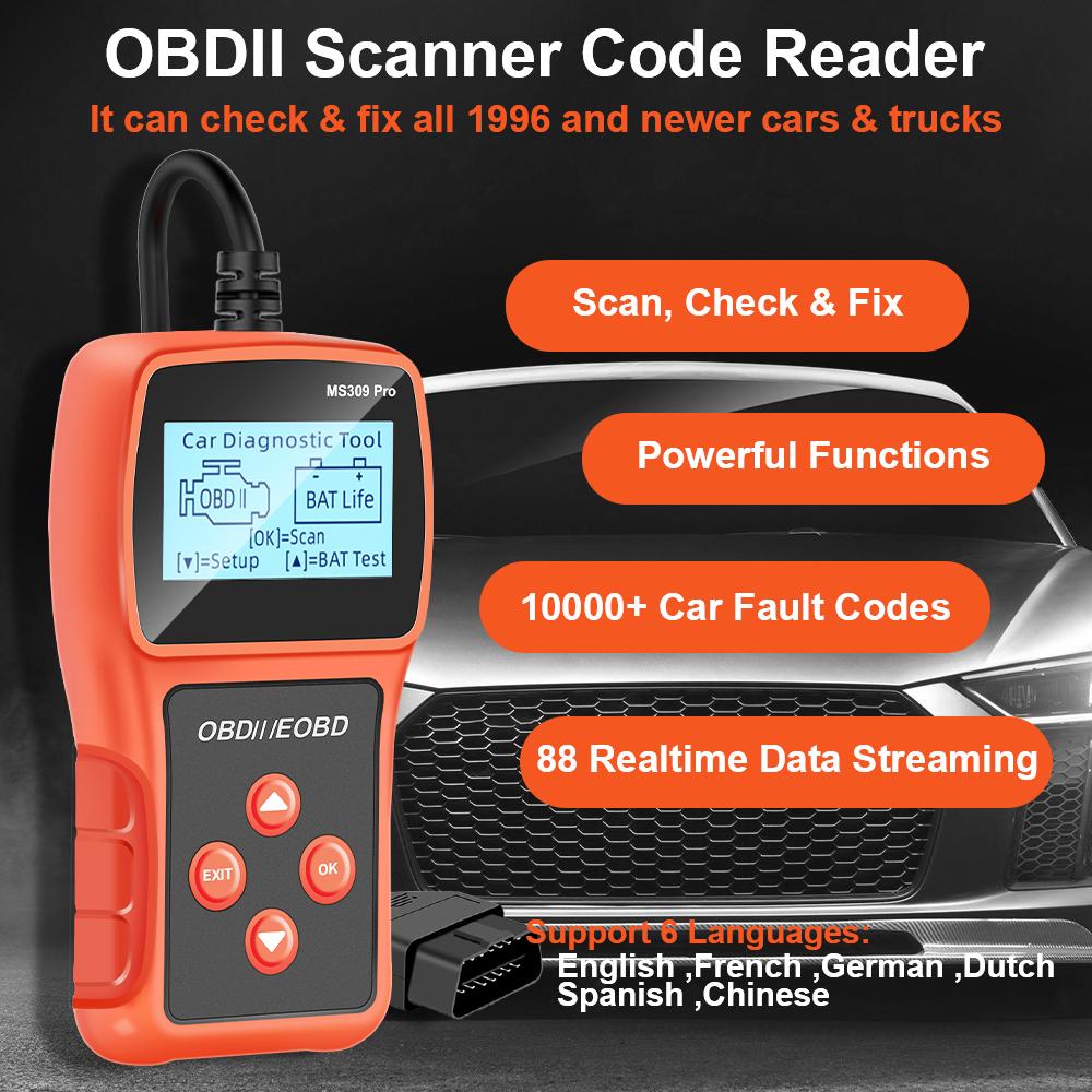 MS309PRO Live Data Code Reader Car Diagnostic Tool Battery Tester Multi-language Check Engine System OBD2 Scanner