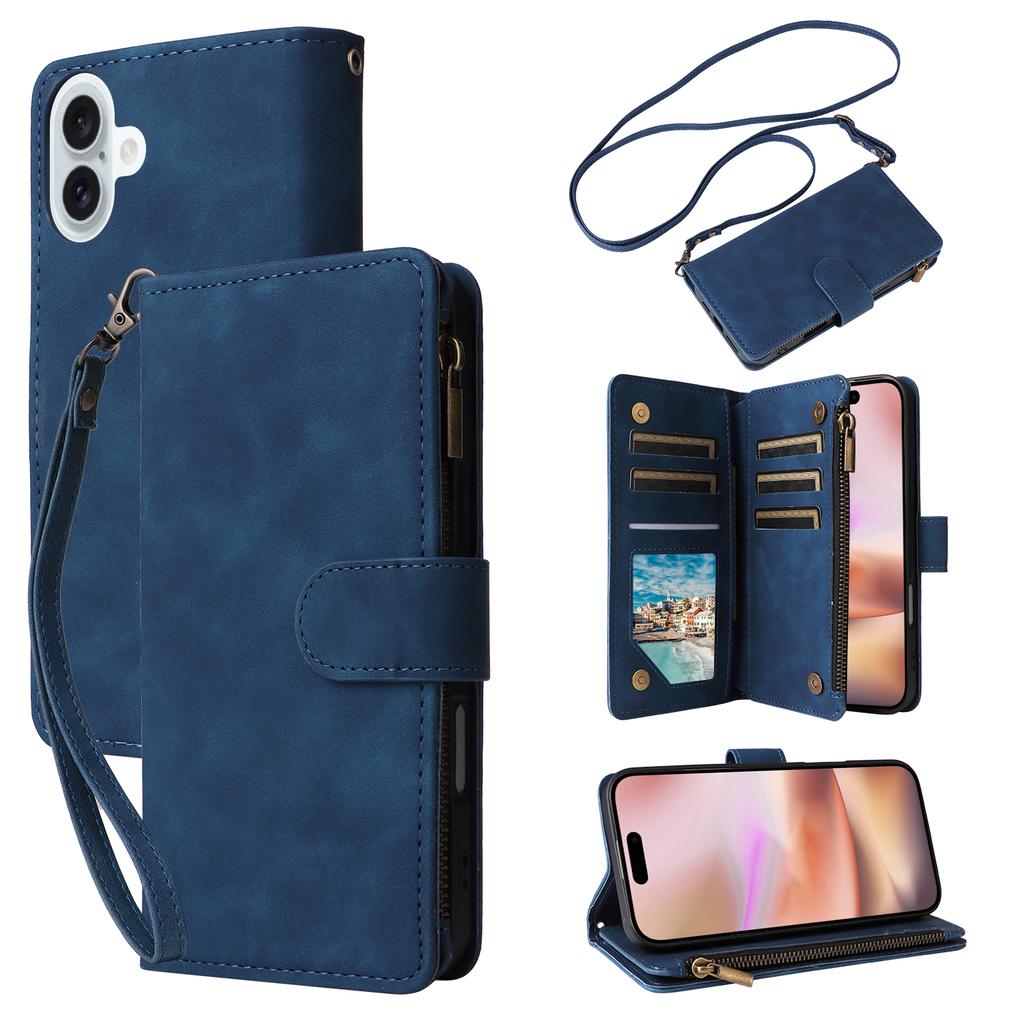 For iPhone 16 Plus Case Zipper Pocket PU Leather Wallet Phone Stand Cover with Strap