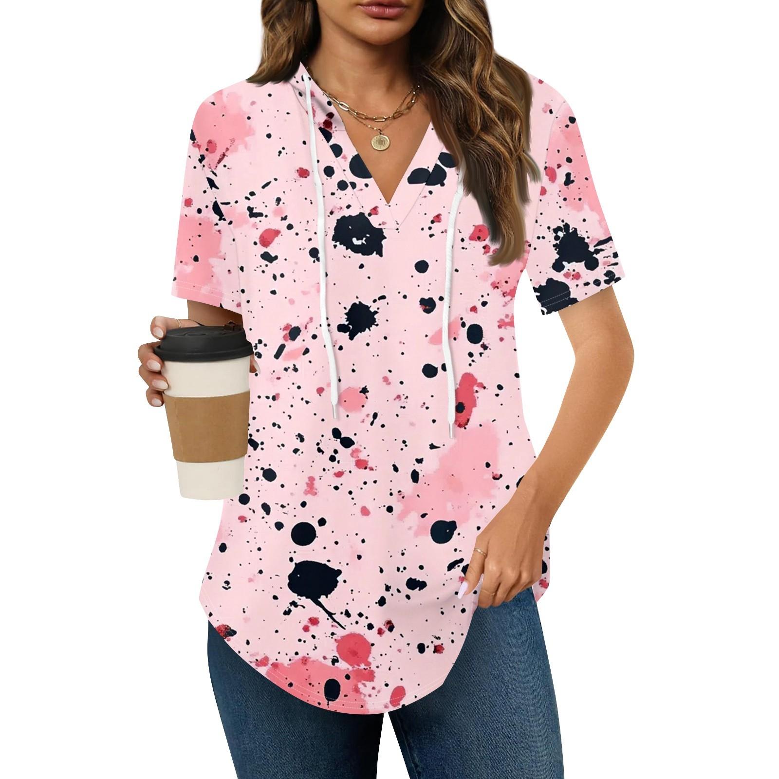 

Женские летние футболки с V-образным вырезом, толстовки с коротким рукавом, туники, повседневные свободные туники, толстовки L розовый